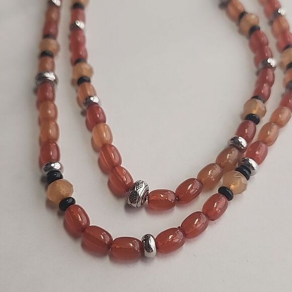 Chaps Double Strand Beaded Necklace Orange Black and Silver Tone Beads - Picture 2 of 5